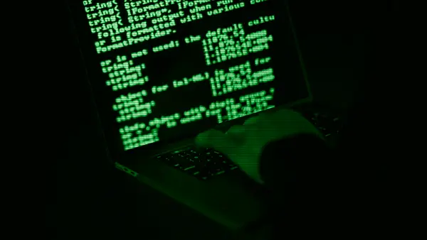 Manos escribiendo en un portátil con información en la pantalla