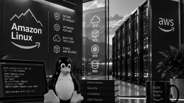 Ilustración de Amazon Linux: un pingüino Tux junto a un portátil con la salida de /etc/os-release, iconos de EC2, ECS, EKS y RDS y racks de servidores de AWS