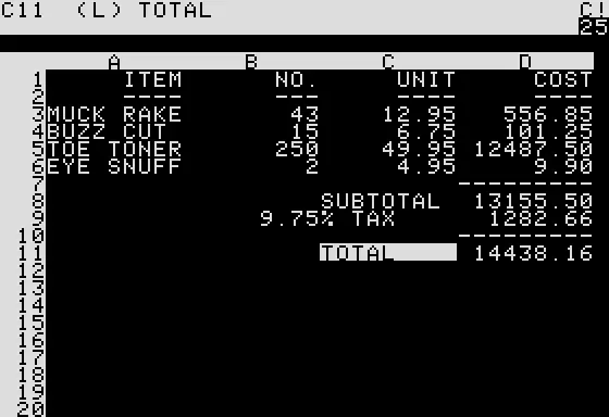 Screenshot of VisiCalc running on an Apple II, green on black