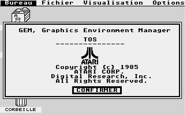 Screenshot of the GEM desktop in TOS 1.0 with its trashcan and floppy disk icons