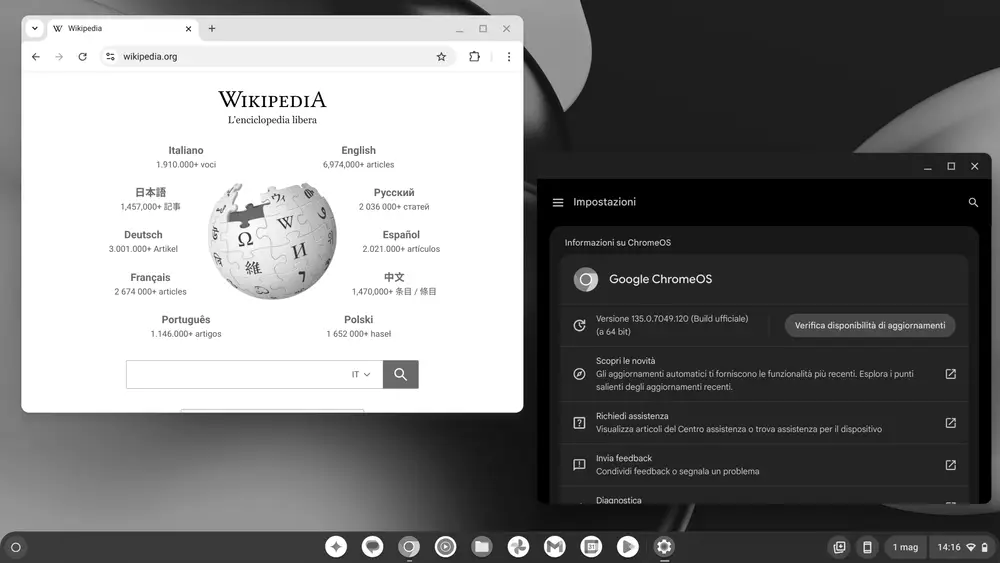 Captura del escritorio de ChromeOS 135 con su barra de aplicaciones y fondo de pantalla