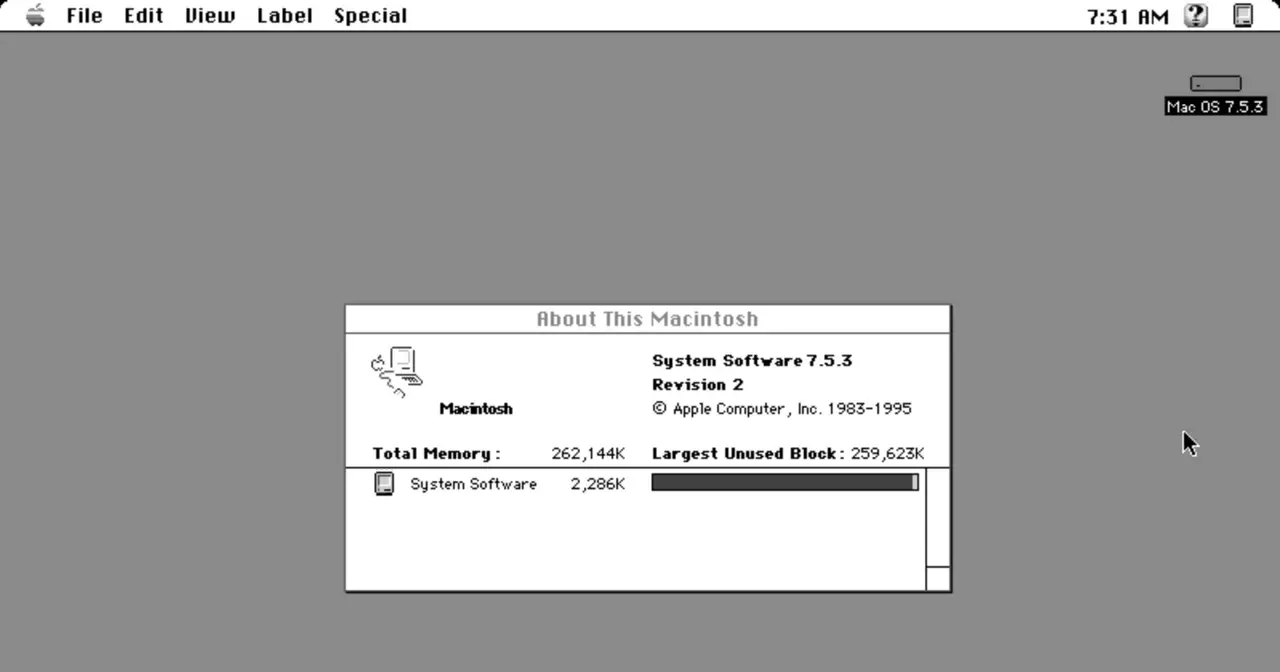 Classic Mac OS desktop running System 7 showing the Finder, icons and the menu bar