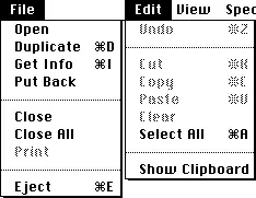 File and Edit menus of the Finder in System 1, the first Macintosh operating system from 1984