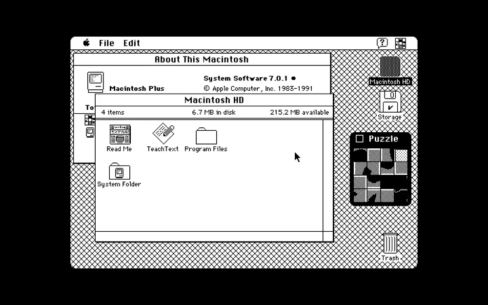 System 7.1 desktop running in an emulator, with windows, icons and the trash