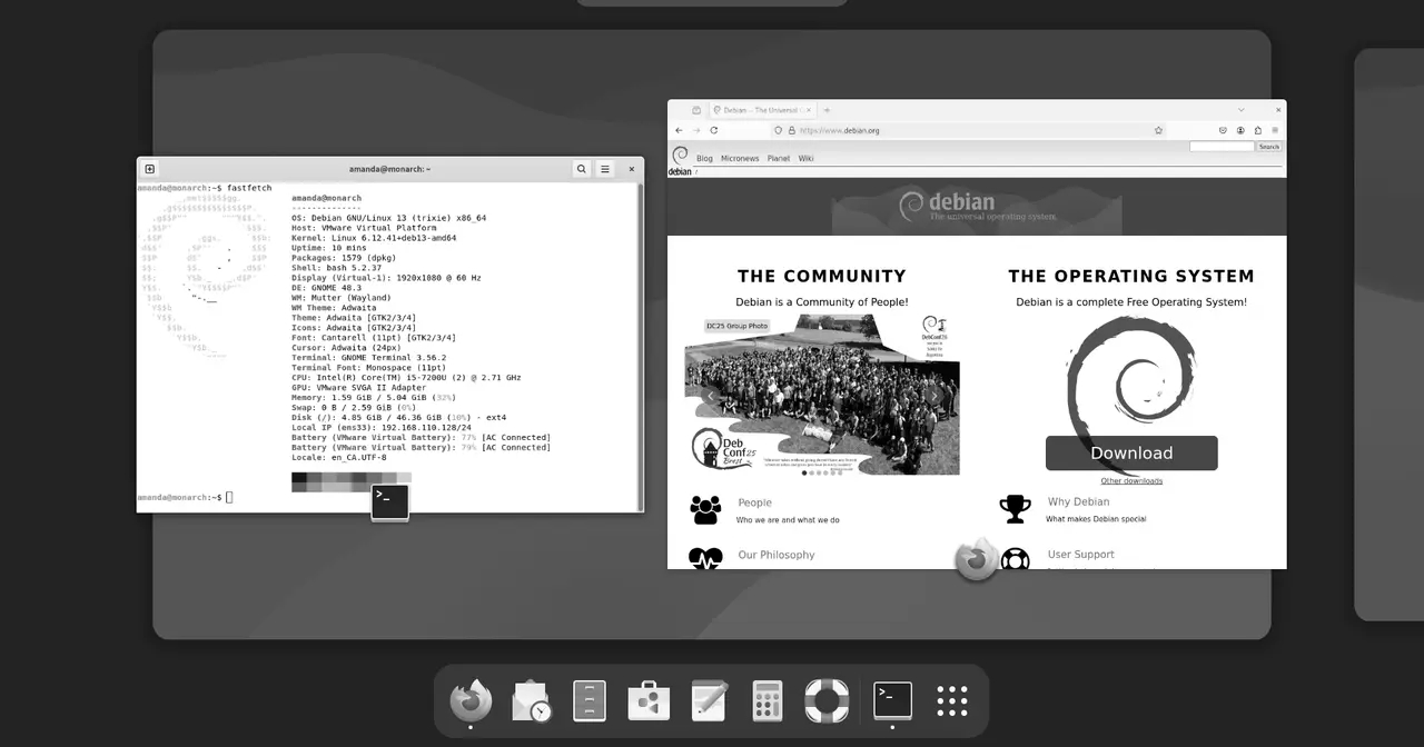 Debian 13 "trixie" desktop running the GNOME 48 environment