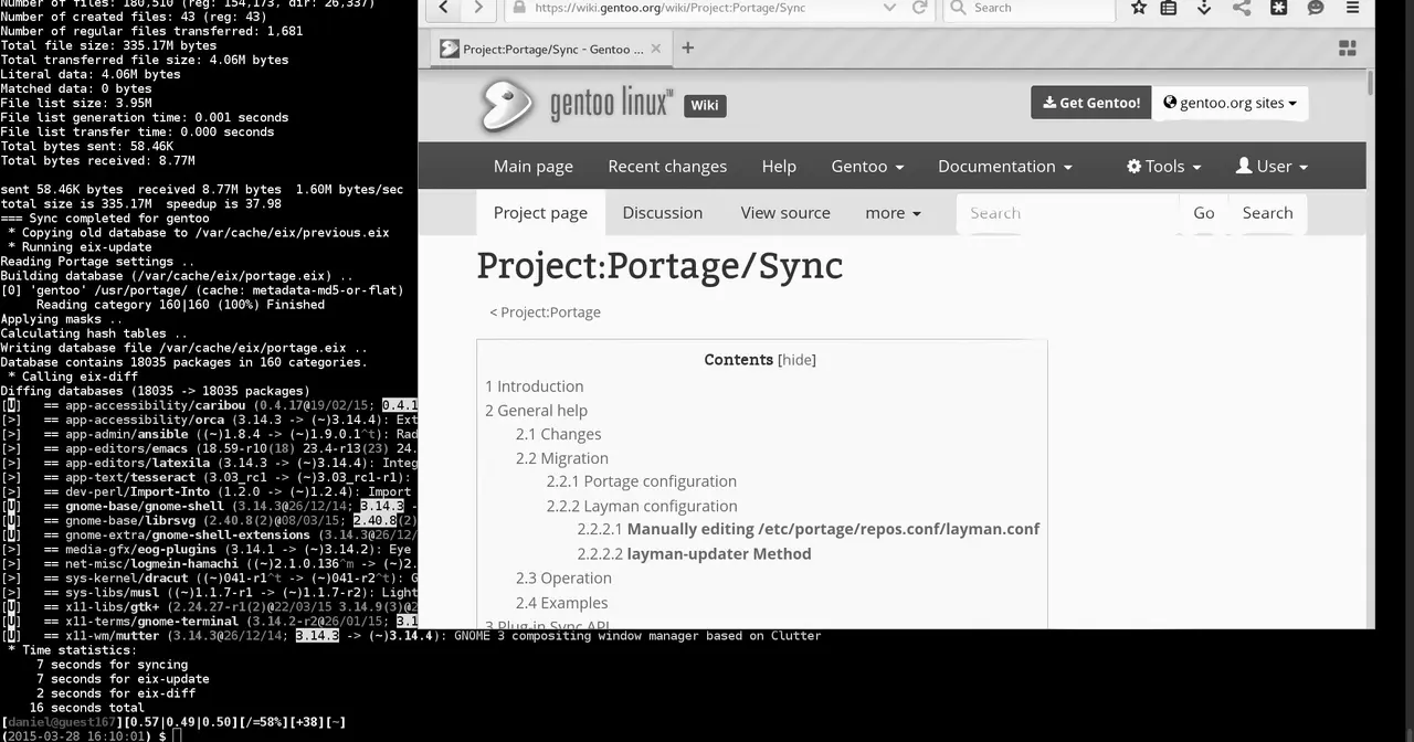Escritorio GNOME de Gentoo con una terminal que muestra la sincronización de Portage y la salida de eix-diff, y Firefox abierto en la página Project:Portage/Sync de la wiki de Gentoo