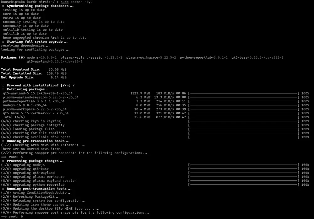 Captura de pacman ejecutándose en una terminal de Arch Linux