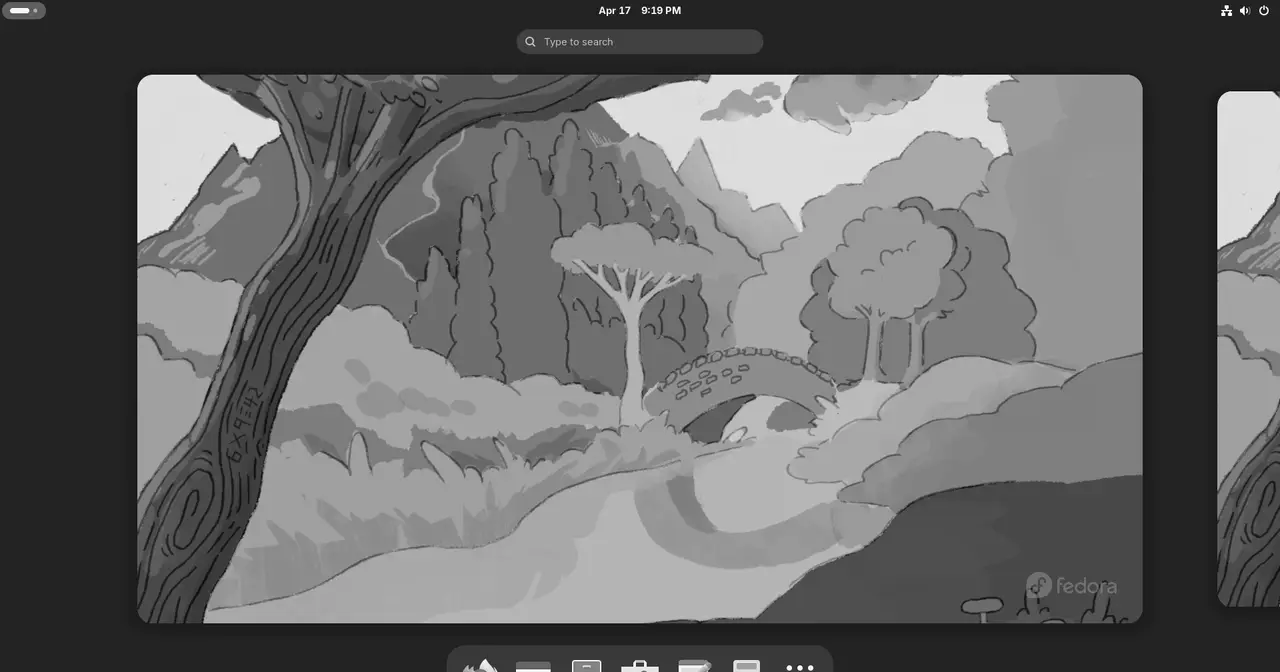 Escritorio GNOME con la vista de actividades sobre una instalación de Fedora Workstation
