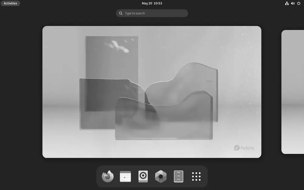 Screenshot of the GNOME Shell desktop showing its minimalist interface and activities overview