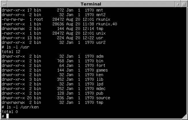 Sesión de la shell de Unix Version 6 emulada en un PDP-11 con SIMH