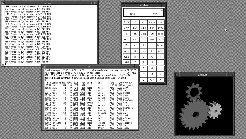 Captura del escritorio de OpenBSD 7.0 con el gestor de ventanas FVWM, mostrando un entorno gráfico minimalista