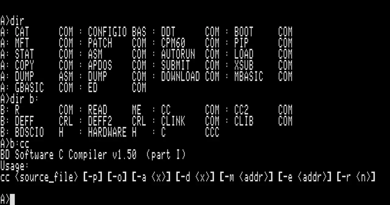 Captura de pantalla del intérprete de órdenes de CP/M mostrando su línea de comandos