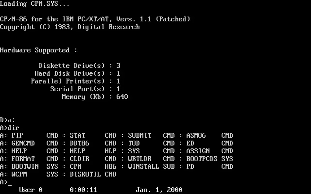 Captura de pantalla de CP/M-86, la versión de 16 bits de Digital Research para procesadores Intel 8086