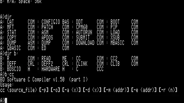 Captura de pantalla del intérprete de órdenes de CP/M mostrando su línea de comandos