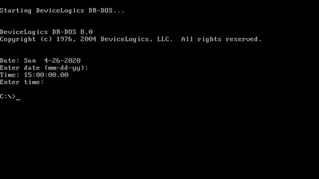 Pantalla de arranque de DR-DOS 8.0 con texto blanco sobre fondo negro