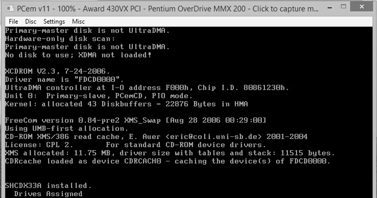Screenshot of FreeDOS 1.0 running in the PCem emulator