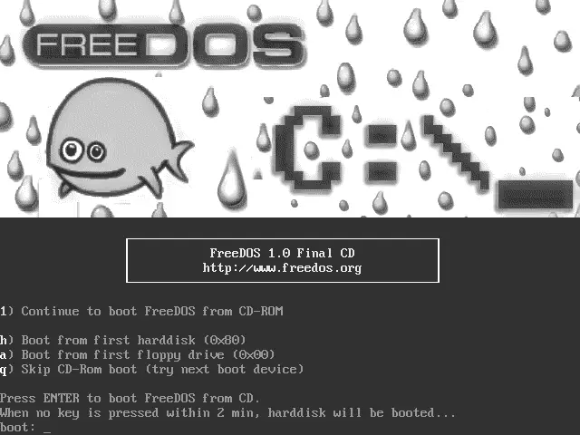 Welcome screen of the FreeDOS 1.0 Final CD booting in VirtualBox