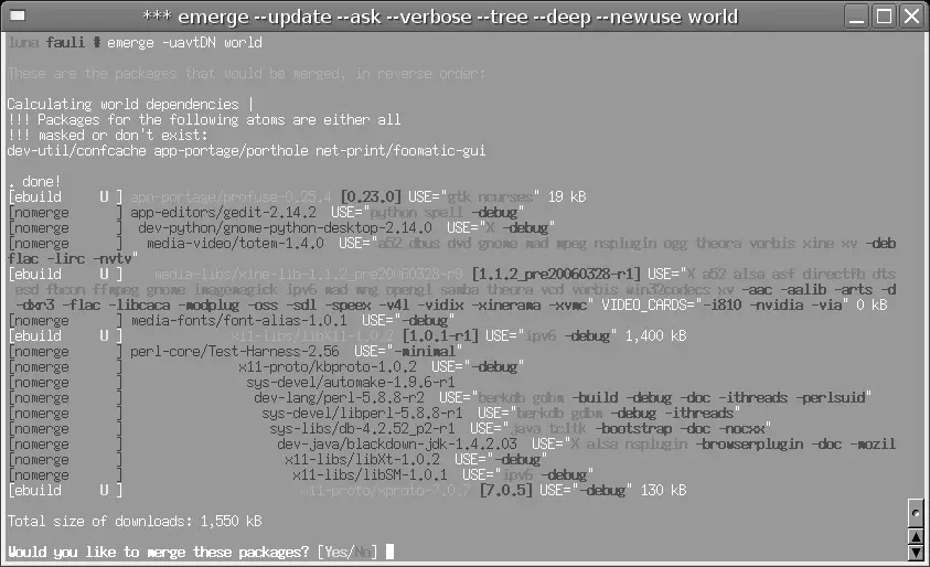 Screenshot of Gentoo's Portage package manager running the emerge command in the terminal