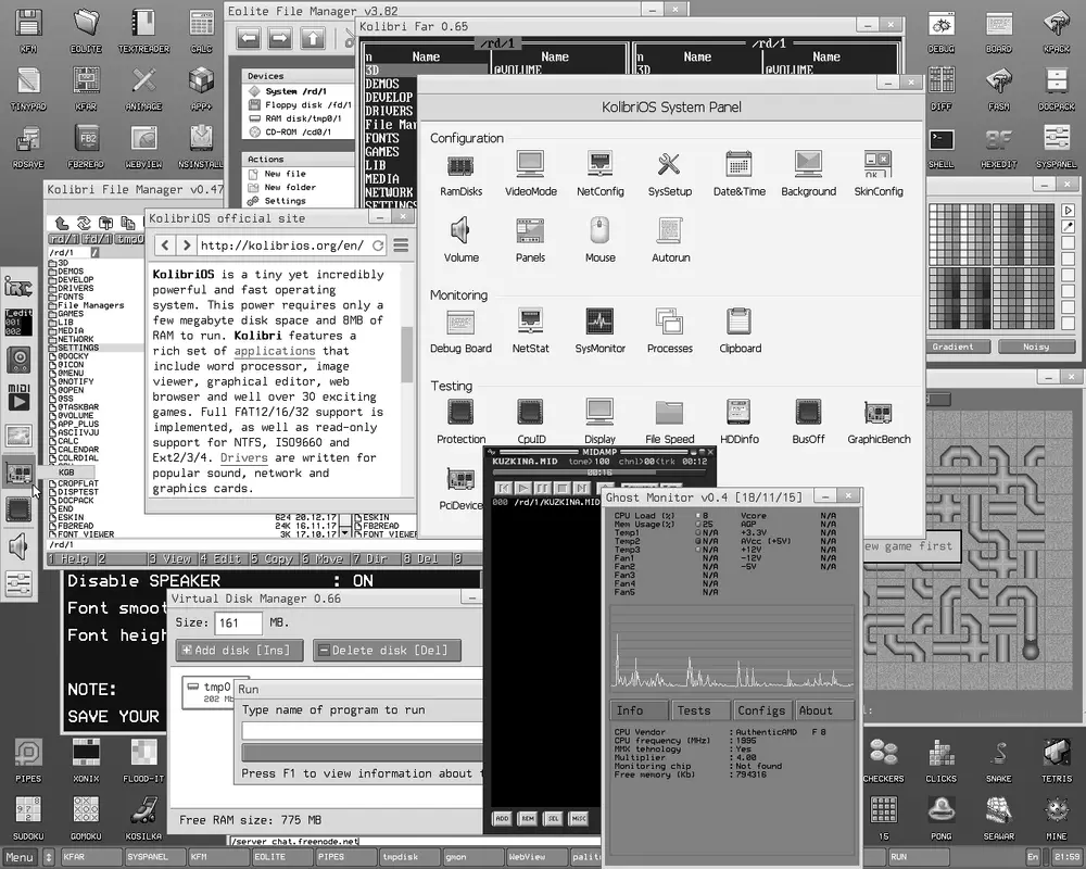 KolibriOS showing several applications open on the desktop