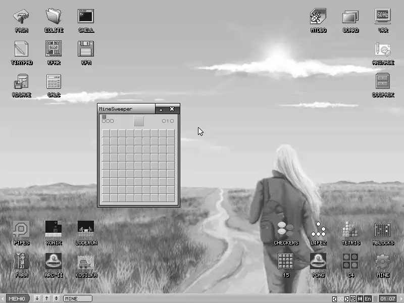 Classic KolibriOS desktop screenshot, a system written entirely in assembly