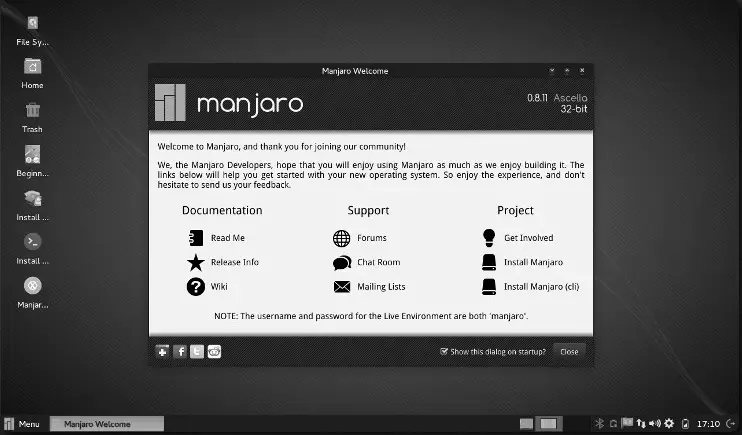 Escriptori XFCE d'una versió primerenca de Manjaro Linux (0.8.11)