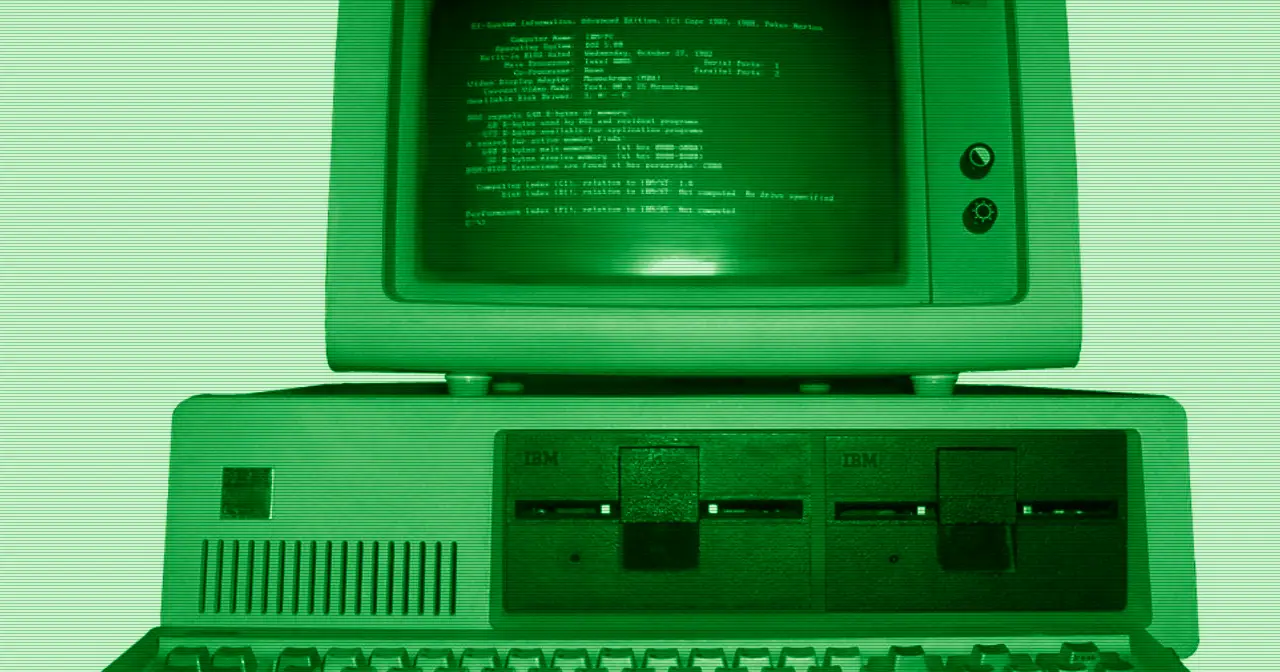 IBM PC 5150 computer with keyboard and green monochrome 5151 monitor, the machine PC DOS was created for