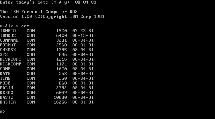 Screenshot of PC DOS 1.00 showing a directory listing with the DIR command