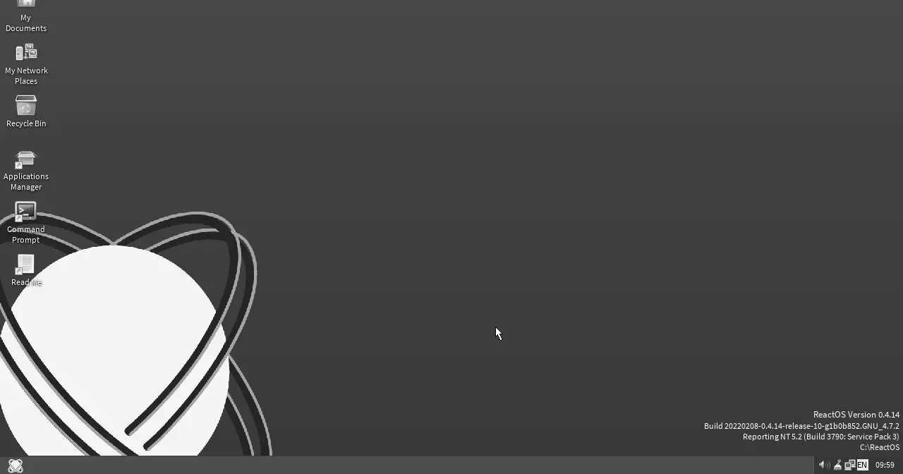 Escriptori de ReactOS 0.4.14, que reprodueix l'aspecte del Windows clàssic