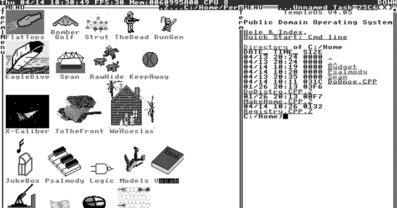 Screenshot of TempleOS 4.05 showing the personal menu with application icons and the command prompt in 640x480 with 16 colors
