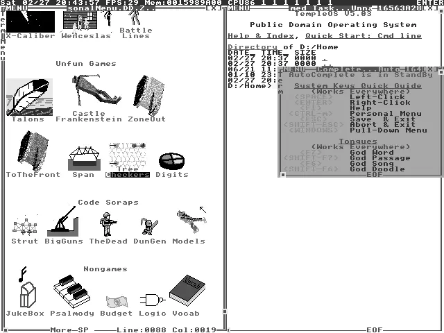 Screenshot of TempleOS V5.0.3 running in VirtualBox showing the list of games included with the system