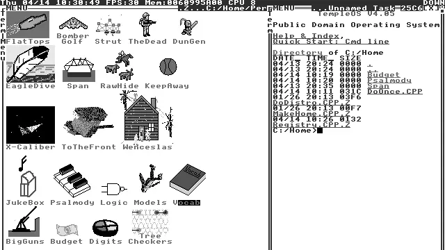 Captura de pantalla de TempleOS 4.05 mostrando el menú personal con iconos de aplicaciones y el intérprete de comandos en 640x480 y 16 colores