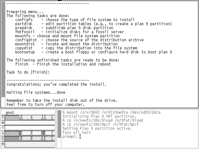 Captura de pantalla de Plan 9 from Bell Labs, el sistema operativo sucesor de UNIX creado por el mismo equipo de los Laboratorios Bell