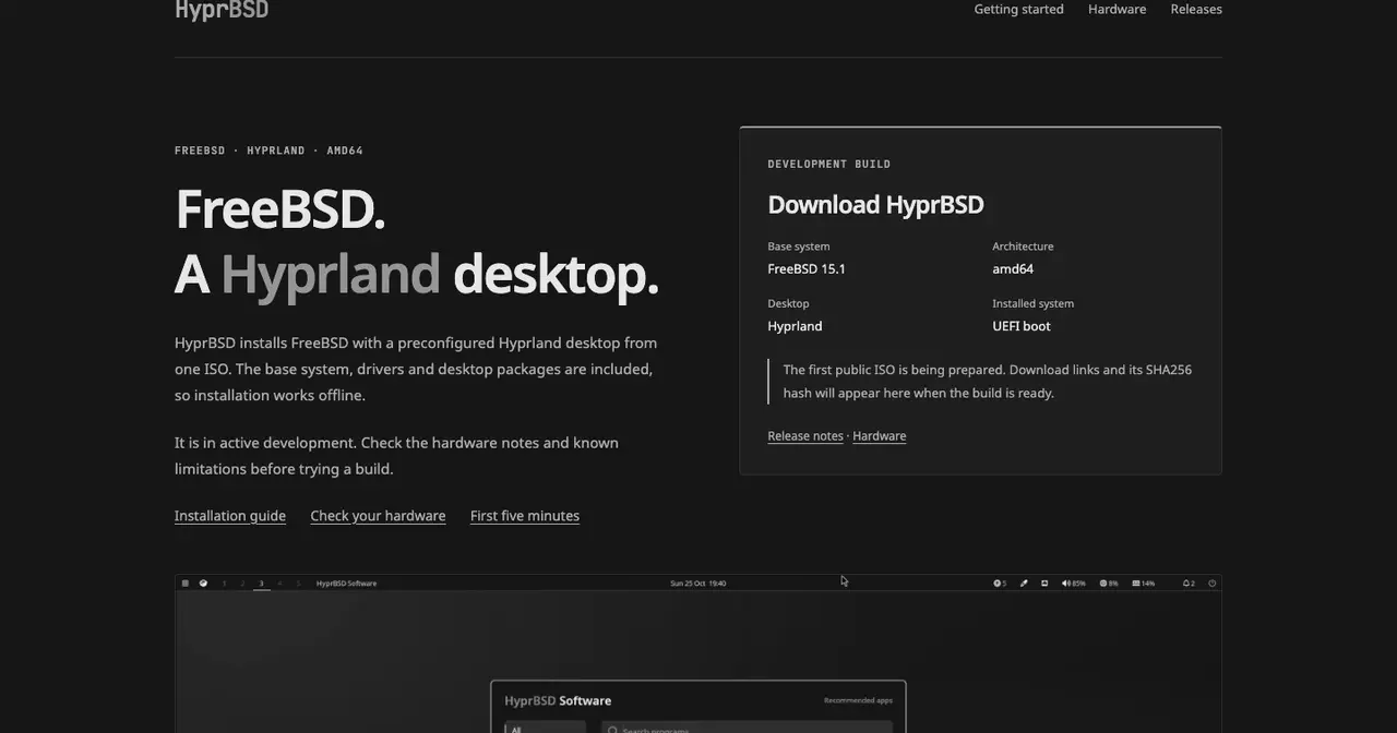 Portada del web d'HyprBSD, amb el lema «FreeBSD. A Hyprland desktop.», un requadre de compilació de desenvolupament basada en FreeBSD 15.1 per a amd64 i, a sota, la botiga d'aplicacions HyprBSD Software oberta sobre l'escriptori