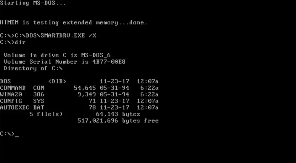 MS-DOS 6.22 screen with the system's characteristic C:\> prompt