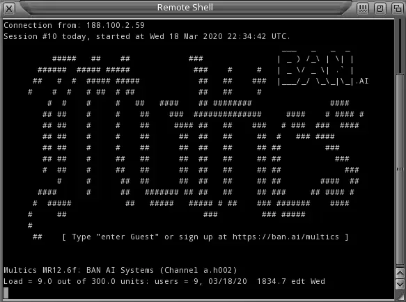 Pantalla de inicio de sesión de Multics accedida de forma remota desde un terminal