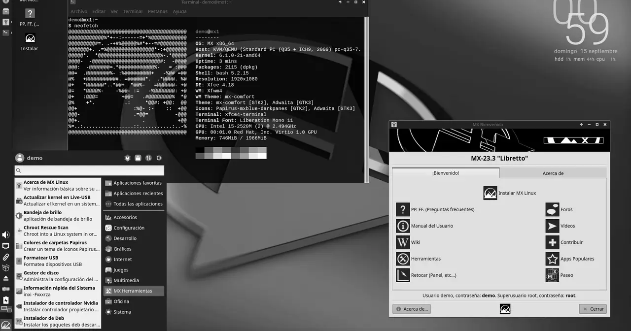 Escritorio Xfce de MX Linux con el panel lateral y las MX Tools