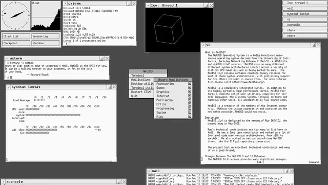 Escritorio por defecto CTWM de NetBSD 10.1 ejecutándose en una estación UltraSPARC con varias aplicaciones base abiertas