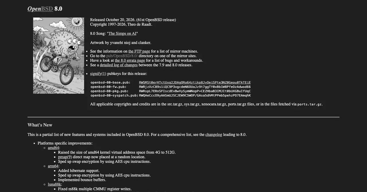 Página de OpenBSD 8.0 en openbsd.org, con la ilustración del pez globo Puffy montado en bicicleta, la fecha de publicación del 20 de octubre de 2026 y el inicio de la lista de novedades
