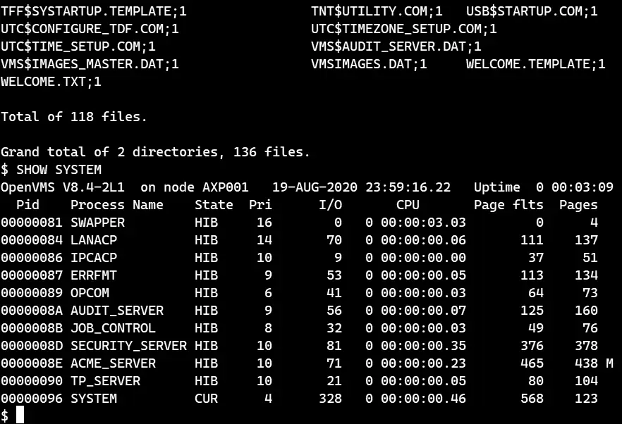 Screenshot of OpenVMS 8.4-2L1 running DCL commands in a terminal
