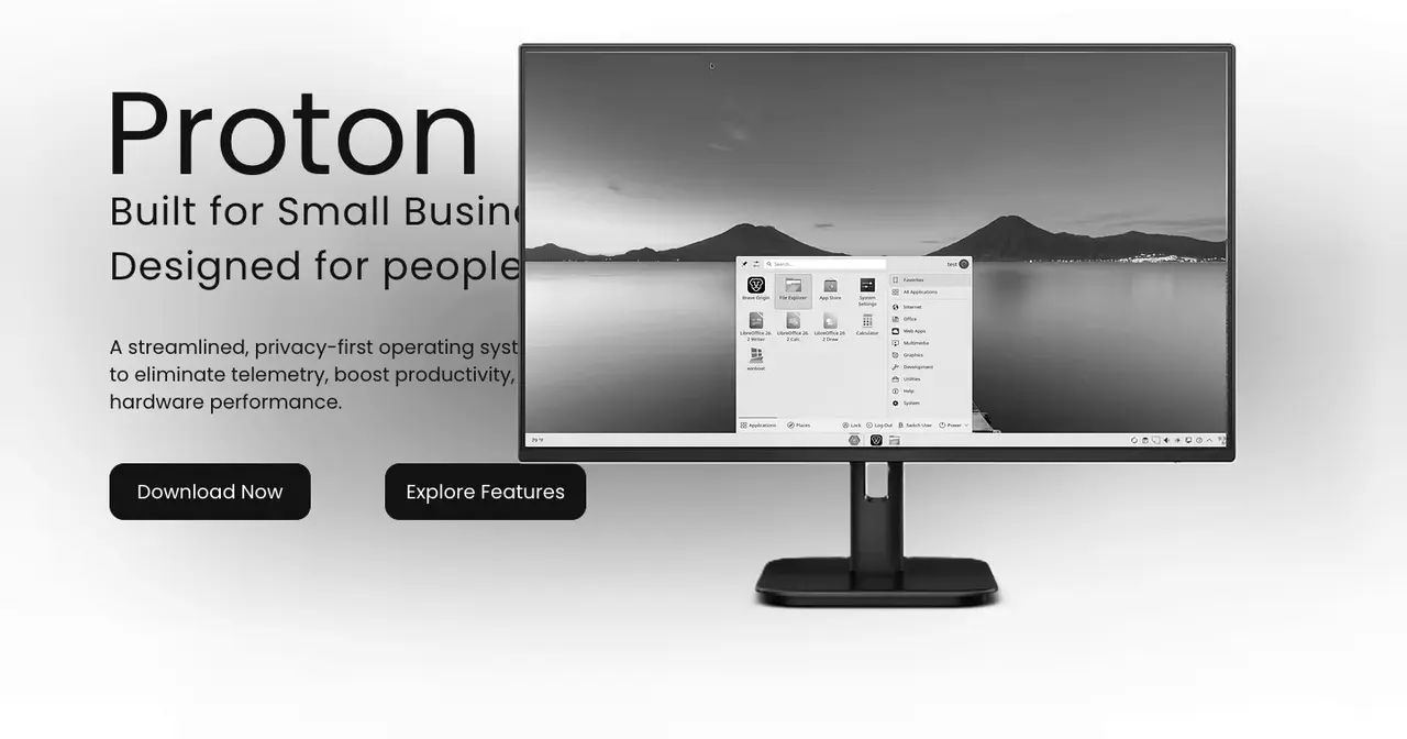Portada de la web de Proton OS, con el lema «Built for Small Business» y un monitor que muestra el escritorio KDE Plasma con el menú de inicio abierto