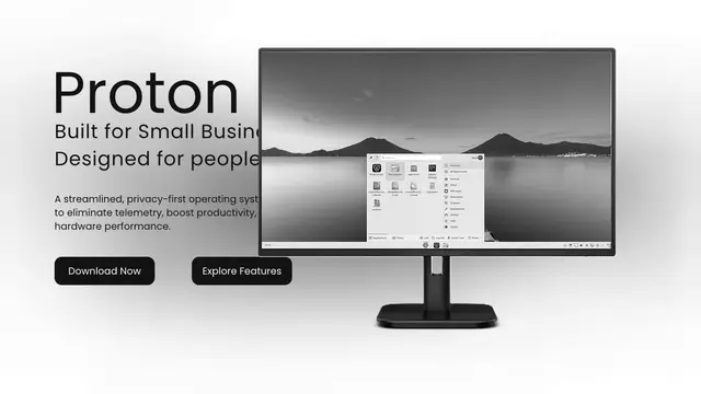 Portada de la web de Proton OS, con el lema «Built for Small Business» y un monitor que muestra el escritorio KDE Plasma con el menú de inicio abierto