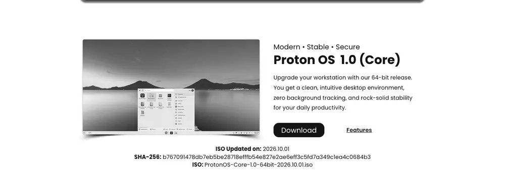 Página de descarga de Proton OS 1.0 Core, con la ISO ProtonOS-Core-1.0-64bit-2026.10.01.iso, la fecha de actualización 2026.10.01 y su suma SHA-256