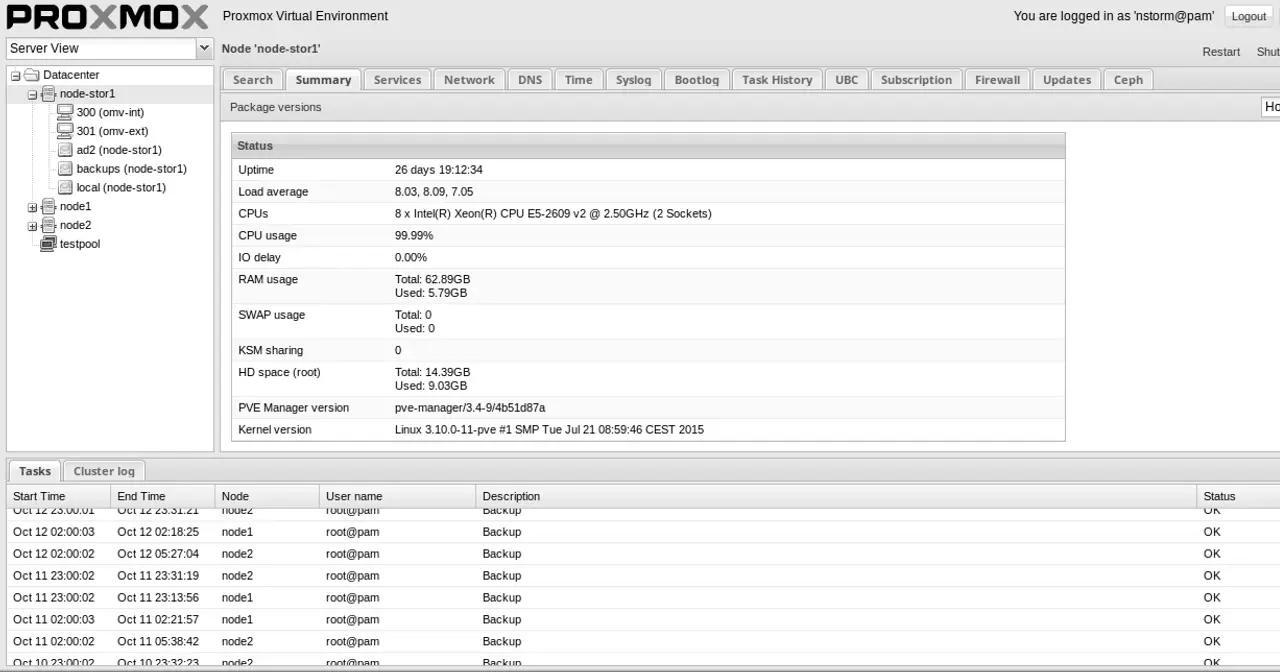 Interfaz web de Proxmox VE con el árbol de nodos y máquinas virtuales del clúster