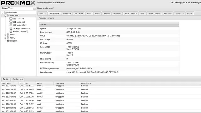 Interfaz web de Proxmox VE con el árbol de nodos y máquinas virtuales del clúster