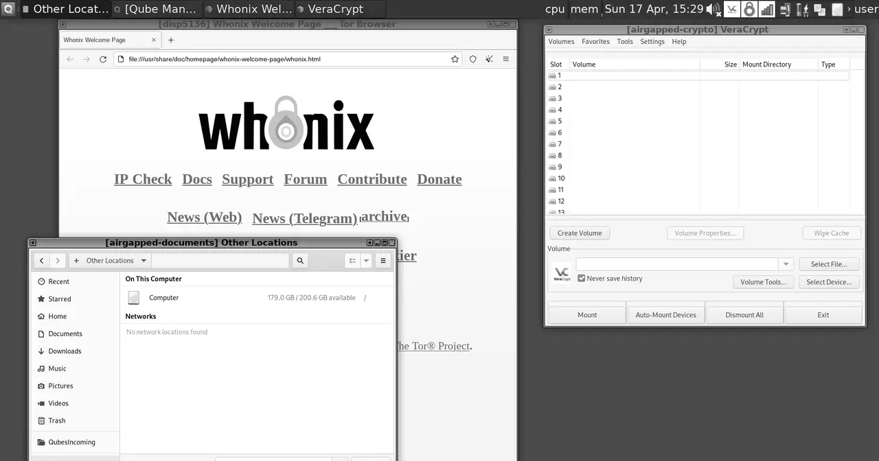 Qubes OS desktop with several isolated qubes open, including the Tor Browser in a Whonix disposable virtual machine