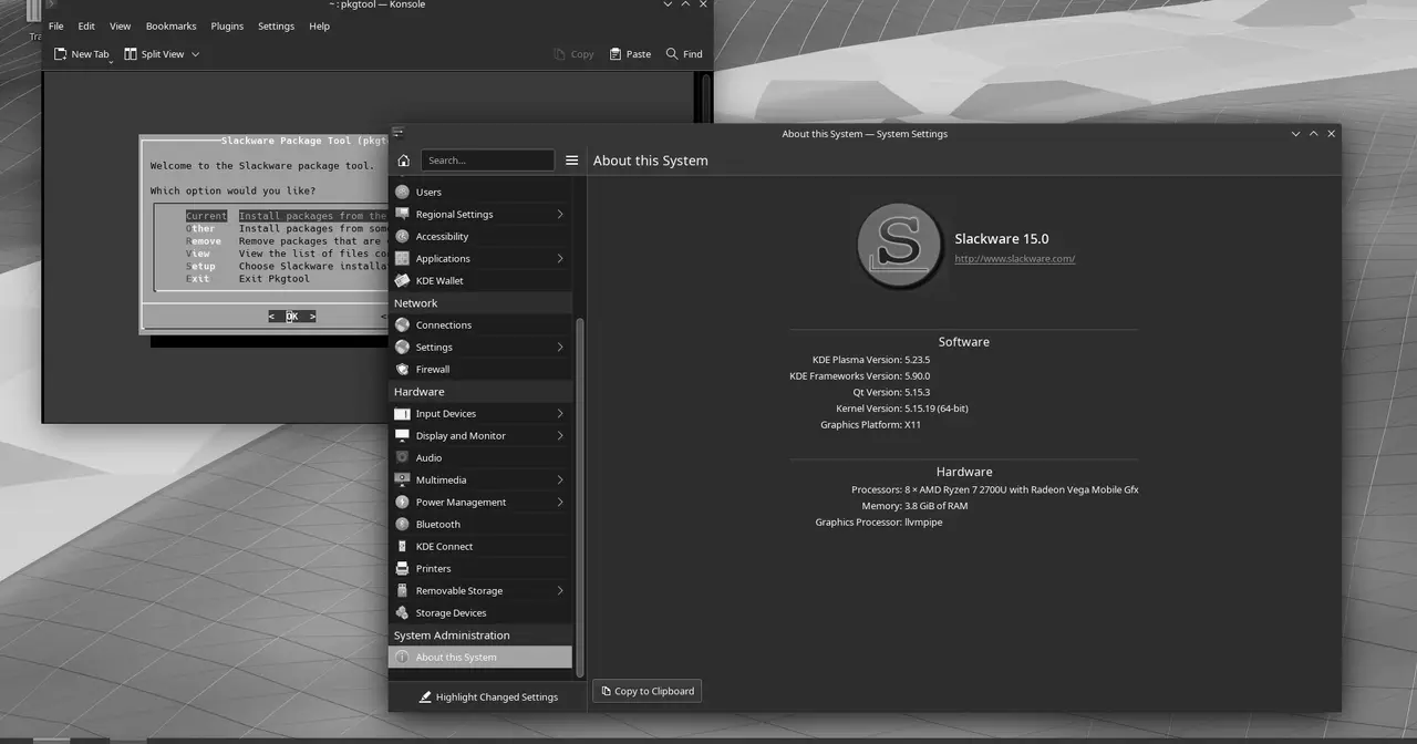 Slackware 15.0 desktop with KDE Plasma 5, showing pkgtool and System Settings