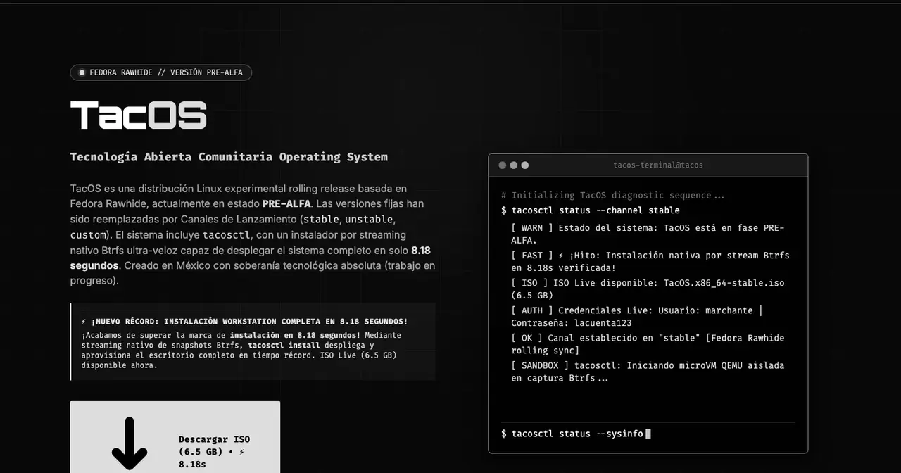 Portada de la web de TacOS, con el logotipo, el aviso de versión pre-alfa sobre Fedora Rawhide y una terminal que muestra la salida de tacosctl status