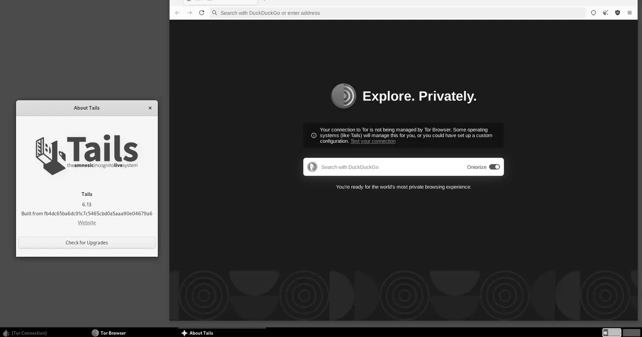 Screenshot of the Tails GNOME desktop with the Tor Browser open