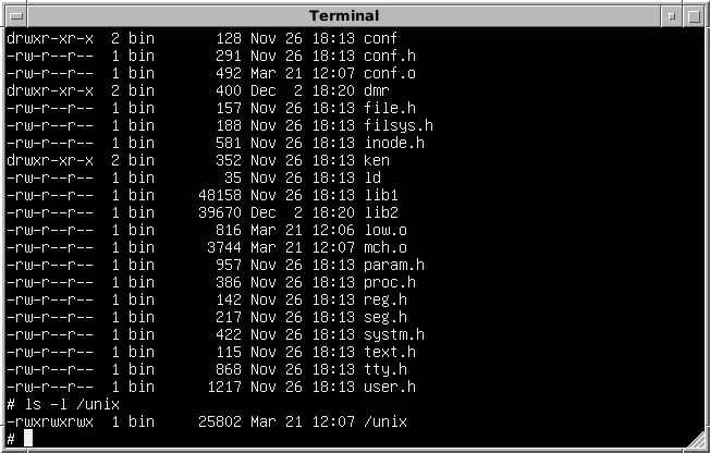 Research Unix terminal on an emulated PDP-11 showing the ken and dmr source directories