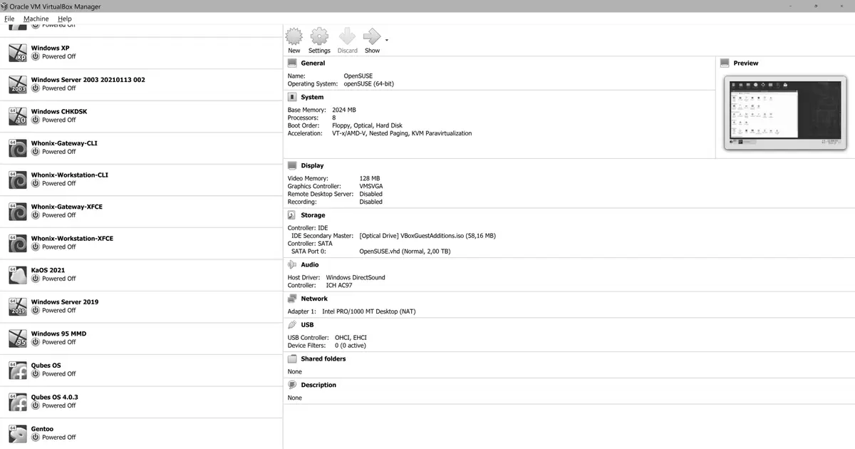 Gestor d'Oracle VM VirtualBox amb una llista de màquines virtuals de diversos sistemes